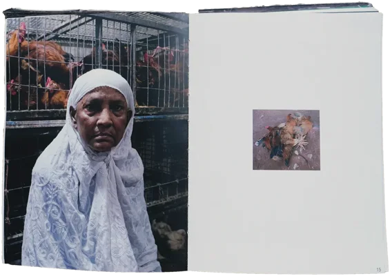Book spread: portrait of a woman in white before chicken cages, facing a small image of tied chickens
