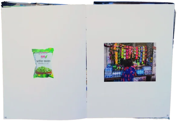 Book spread: a packet of fried peas facing a photo of a snack stall